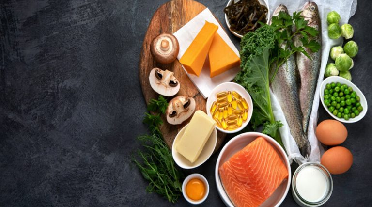 fruits and vegetable which are rich in vitamin D are kept on a table