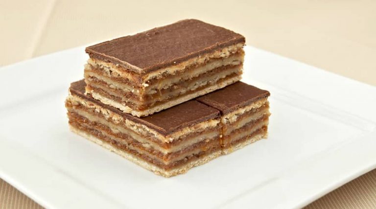 A delicious Gerbeaud were kept on a plate
