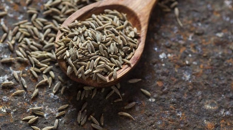 wooden spoon filled with caraway seedplaced on a rusty floor