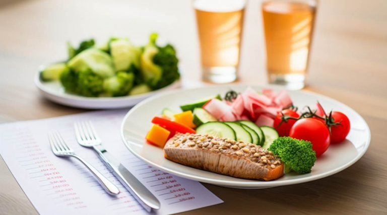 A plate with a healthy meal featuring a salmon fillet topped with seeds, fresh cherry tomatoes, sliced cucumber, broccoli, and colorful bell peppers sits on a table